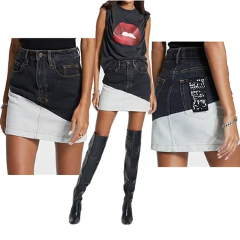 customize super sexy mini black & white splice denim jean skirt