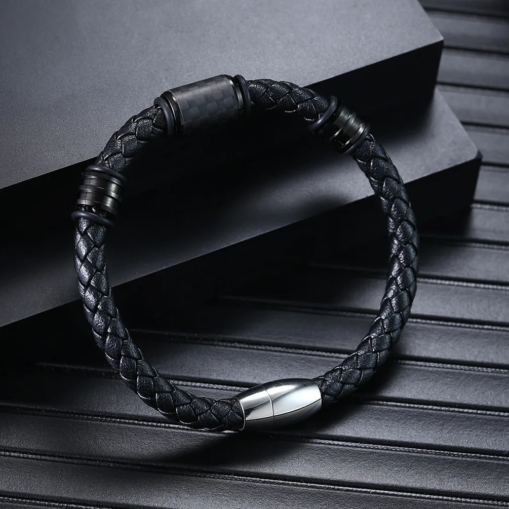 BACKBONE Mens Bracelet Stack Leather & Steel w/ Carbon Graphite Beads