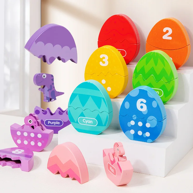 Jeu éducatif Montessori pour enfants : œufs de dinosaure en bois avec exercice d’association des couleurs et de comptage numérique, puzzle cognitif pour la sensibilisation et l’éducation précoce des bébés