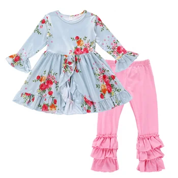 Baby Girl Prints Ruffle Fall Outfits Fashion Aqua Prints Flower Tops Little Girls Two Piece Ruffle Pants Winter Kids Clothing