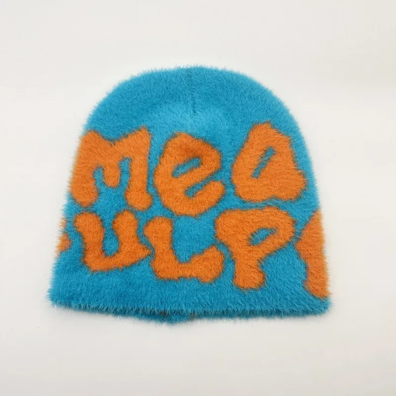 2023 Custom Logo Plush Jacquard Beanie Hats Furry Fuzzy Knitting Beanie for Autumn Winter Travel Mohair Hat
