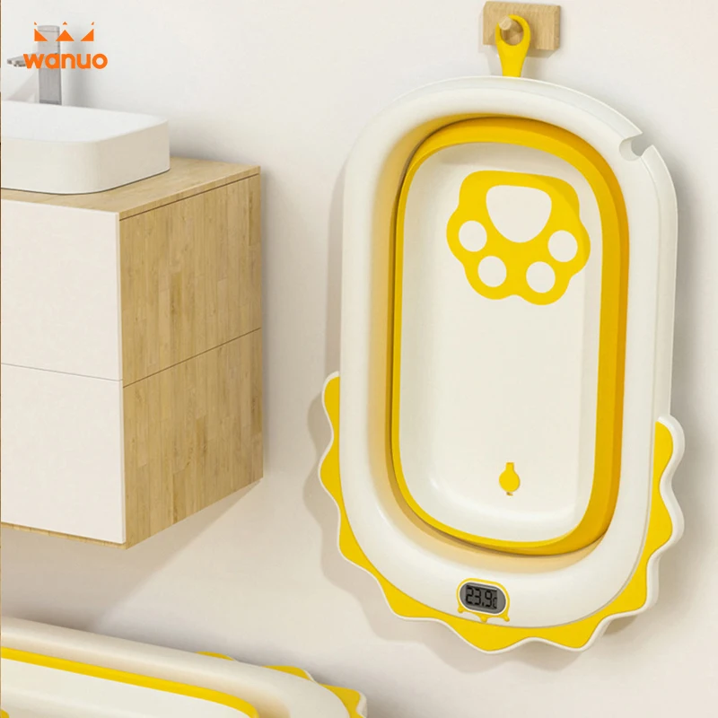 Wanuo Aslan Bebek Küvazı Katlanabilir Taşınabilir Bebek Banyosu Termometreli Sıcaklık Sensörlü Kolay Saklanabilir Bebek Küvazı