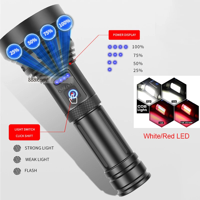 Torcia LED Ricaricabile 9900000LM – 4 Modalità, Potente Tattica Con Power Bank E USB