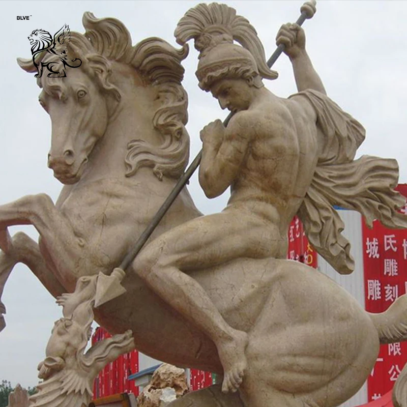 手彫りの等身大大理石聖ジョージ乗馬馬ドラゴン殺害像西カトリック宗教