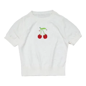 Girls Winter Fashion Knitwear Sweater Customized Cherry Embroidery Sequin Jumper Lined Design Sweater