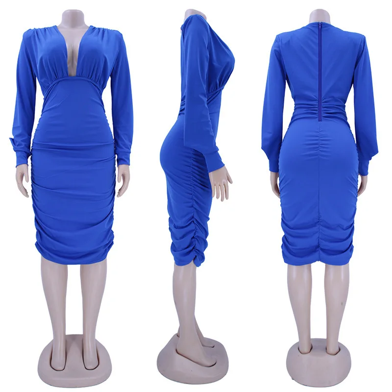 Women Midi Dress Solid Full Puff Sleeve Zipper V-neck Stacked Stretchy Knee Length Dresses Office Lady Streetwear Summer
