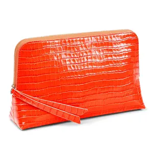 Custom Logo Croc Leather Orange Ladies Makeup Bag Women Large Zipper Travel Cosmetic Case Pouch