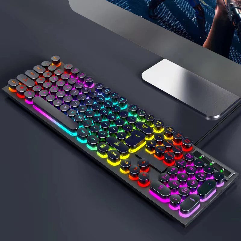 104 Keys Gamer Keyboard Wired Office Retro Computer PC Backlit Keyboard and Mouse Round Keycaps Gaming Keyboard Mouse Combo