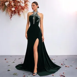 New Arrivals Winter New Women's Black Fashion and Elegant Diamond-Studded High Slit Backless Halter Neck Long Evening Gown