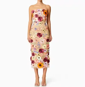 Luxury Women's High-Waisted Dress Multi-Color Slim-Fit Patchwork 3D Applique Strapless Sleeveless Design Lace Made Spandex