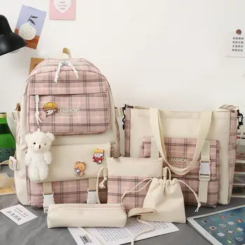 2024 Fashion High Quality Women Travel Cute 5 Piece Set Primary Pencil Case Canvas School Bags Kids Backpack Set For Teens Girls