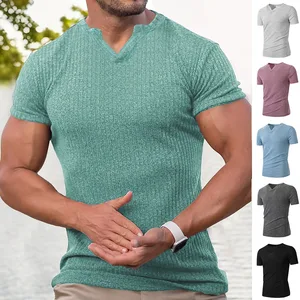 Summer Men's Sports and Leisure Vertical Elastic Vertical V-neck Short Sleeved T-shirt