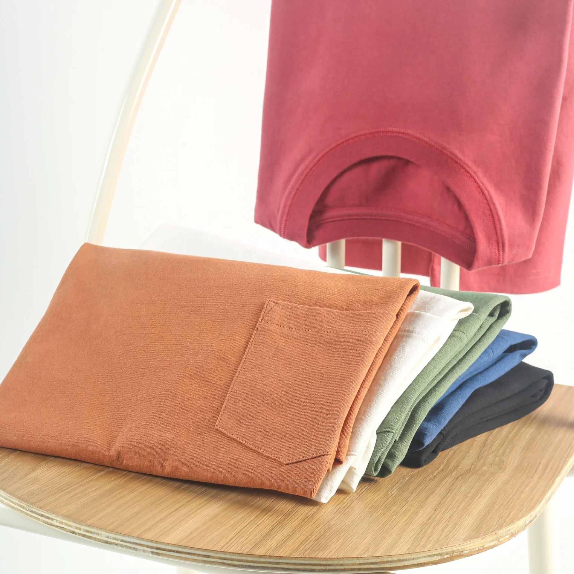 JL116H Thick Cotton T-Shirt Cylinder Seamless Round Neck Short-Sleeved Plain Red T Shirts Unisex Men’s Pocket Tee Custom