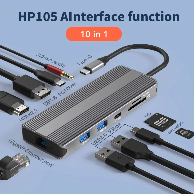10 In 1 Multi-Port Type C Hub 10 Port USB C USB-C to 8K HDTV Displayport USB-A 3.0 PD100W 1000Mbps Ethernet Audio Hub 10-In-1