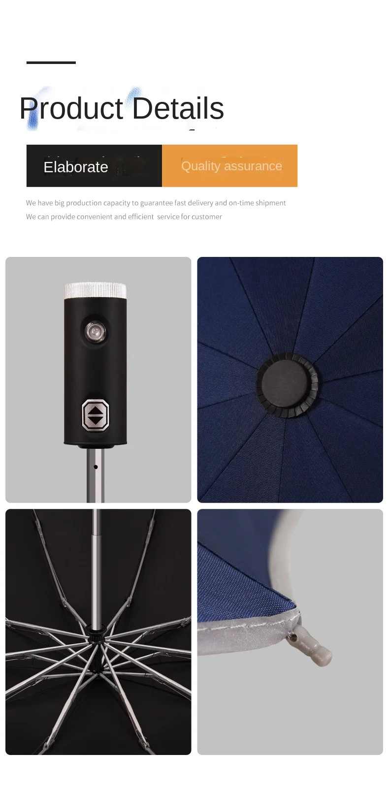 Outdoor 23inch 10 ribs windproof auto open button led flashlight 3 folding light umbrella black with printing  logo