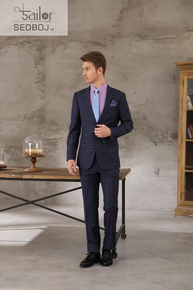 Shenzhen Tailor-Made High Quality Custom Cashmere Blue Check Suit with 2 Buttons Zipper Fly Business Style Long Pants