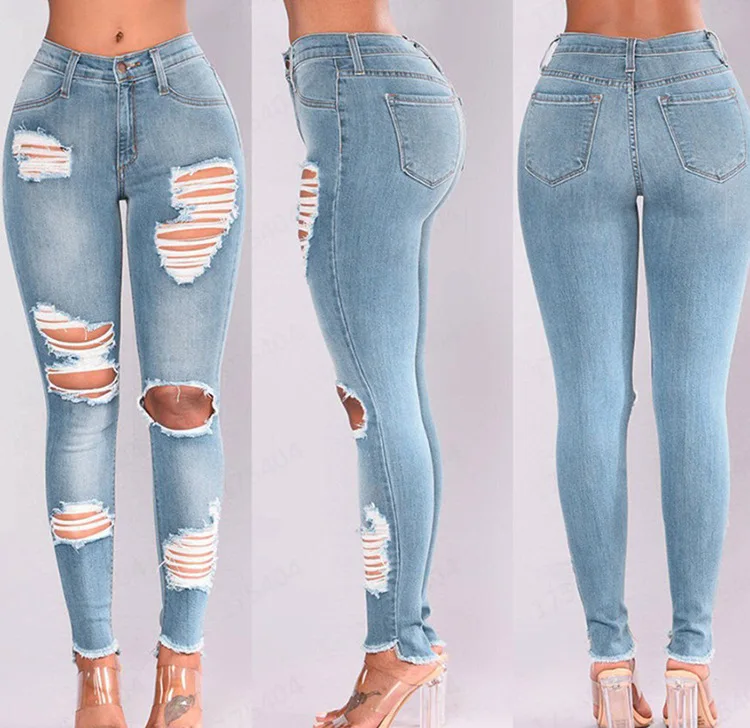 Pantalones Vaqueros Largos Rasgados Para Mujer,Pantalón De Pitillo,Azul  Claro,Informal,De Cintura Alta - Buy Vaqueros Skinny Mujer,Vaqueros  Ajustados De Cintura Alta,Las Mujeres Claro Vaqueros Product on Alibaba.com