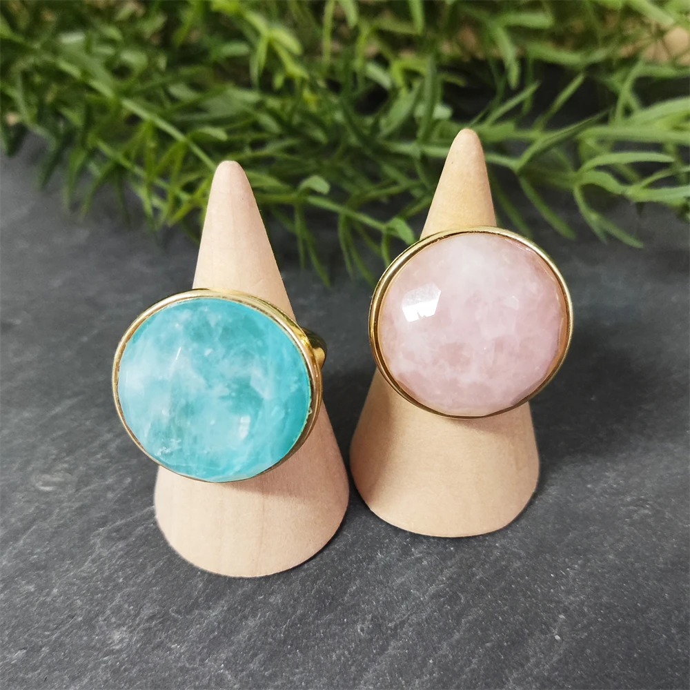 Latest Design Natural Gemstone Jewelry 18k Gold Plated Adjustable Single Stone Ring Big Round Rose Quartz Crystal Women Rings