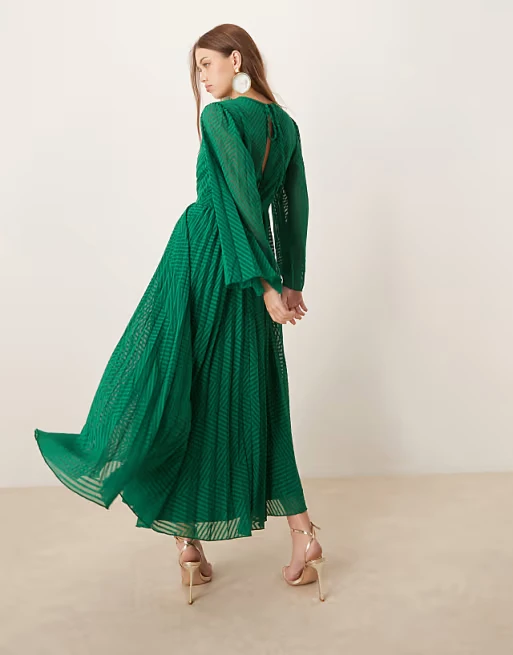 Emerald Green Striped Chiffon Maxi Dress, Long Flare Sleeve Gathered Waist Pleated Crew Neck Formal Midi Dress Emerald Green Striped Chiffon Maxi Dress, Long Flare Sleeve Gathered Waist Pleated Crew Neck Formal Midi Dress