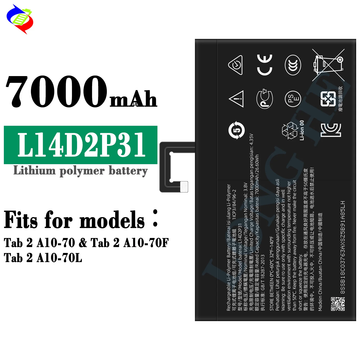 Batteria Al Litio Polimero L14D2P31 Per Tablet Lenovo – 3,8V 7000mAh 26,6Wh, Compatibile E Nuova