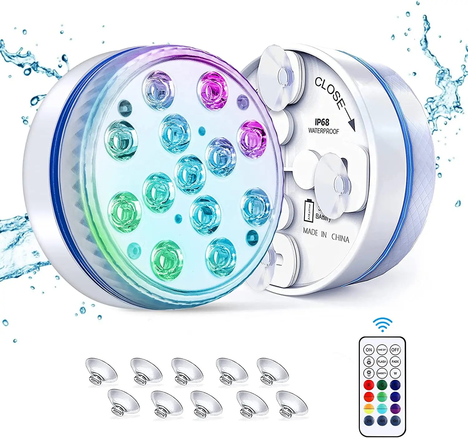 Submersible LED Light Waterproof IP68 RGB Underwater Pool Light with RF Remote 13 Bead Suction Cup Battery Operated Shower Light