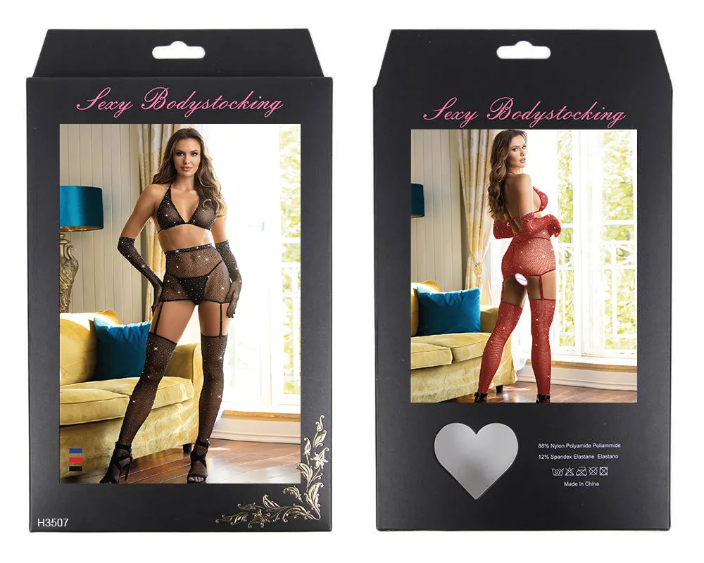 Ohyeah Stylish Plus Size Fishnet Body Stocking Rhinestone Lingerie Set  Transparent Sexy Bra and Panty Set Garter Lingerie Women