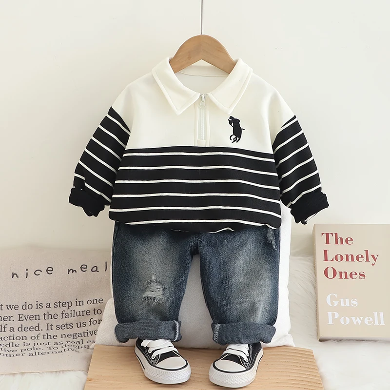 Boys' Hoodie Children's Spring and Autumn 2025 Boys' Striped Polo Shirt Set