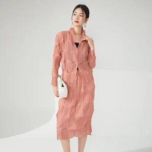 Miyake Women's Casual Two-Piece Set Pleated Design Stretch Long Sleeve Top and Skirt Set