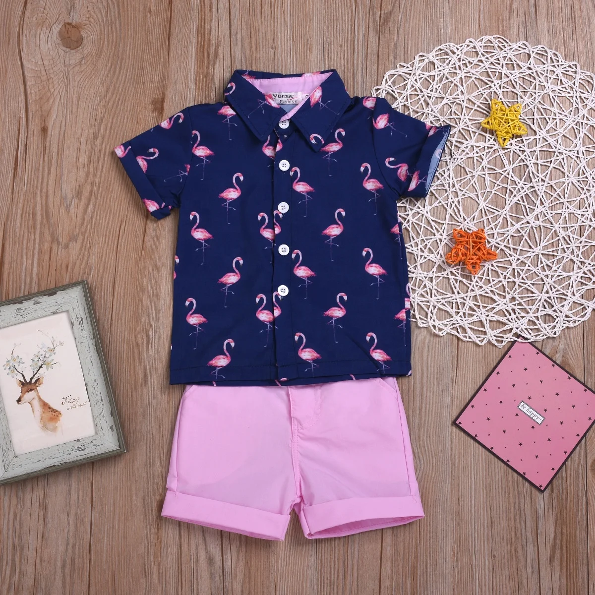 Baby Boys Summer Clothing Set Short Sleeve Flamingos Print Shirt With Elastic Waist Shorts For