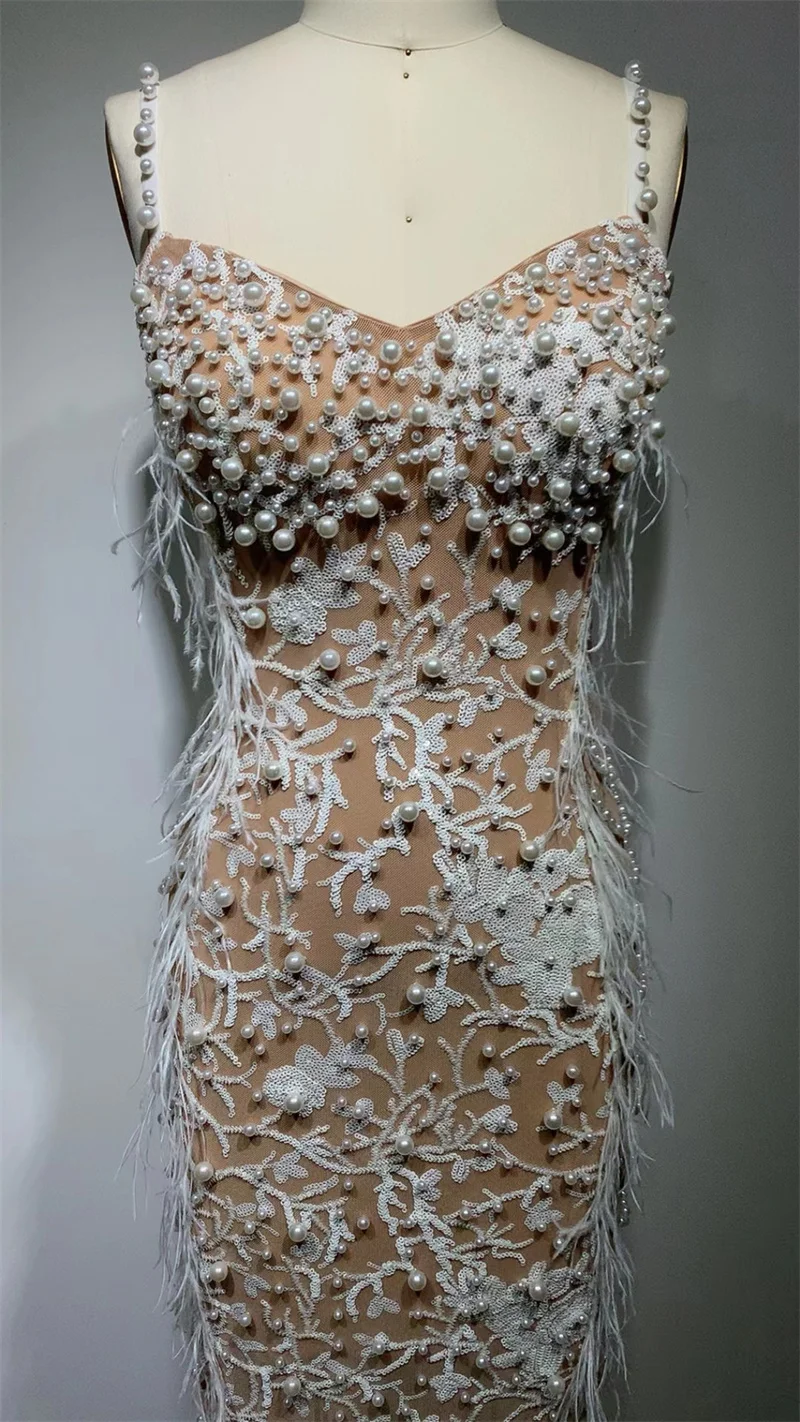 Clothing Mesh Floor-Length Ball Gown Strapless Sexy Rhinestone Tassel Side Split White Beading Bodycon Women Evening Party