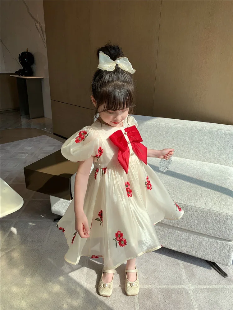 Latest Dress Designs Short Puff Sleeve Girls Fancy Frocks Embroidery Summer Dress for Children