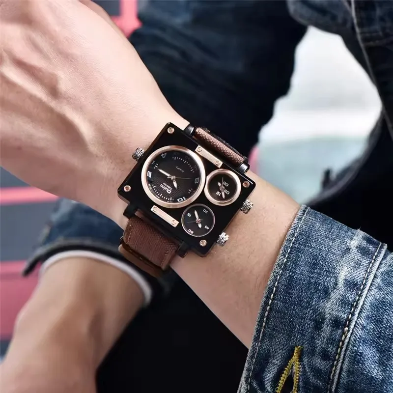 Oulm Orologio Da Uomo 3595 – Design Fashion Con Cinturino In Pelle, Movimento Al Quarzo Giapponese, Quadrante Blu/Rosso/Nero