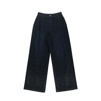 Autumn Black Wide Leg Women's Jeans with High Temperature Hot Stamping and Transparent Rhinestone Pants