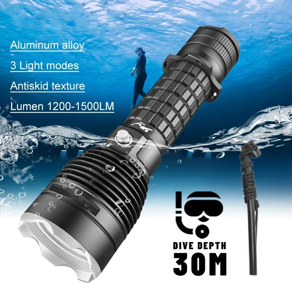 Super Bright XHP70 LED Diving Flashlight 1500LM Scuba 3-speed Push on Magnetic Switch 18650/26650 Battery Torch Exploration