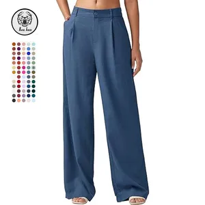 Women's High Waist Linen Slacks Casual Business Dress Pants Zippers Draped Diamond Decorations Solid Wide Leg Casual Trousers