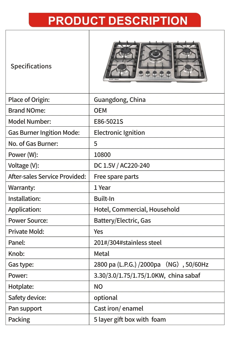 Kitchen Appliances 5 Burner Electric And Gas Hob Stove Gas Cooker Cooktop household gas stove