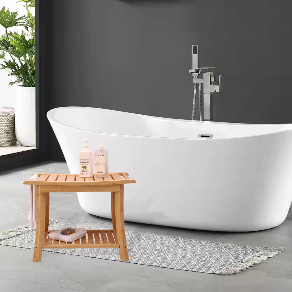 Banc De Douche En Bambou , 48,5 X 29,7 X 46 Cm, Tabouret De Douche étanche Avec étagère De Rangement, Capacité De Charge De 150 Kg, Organiseur De Siège De Bain Spa