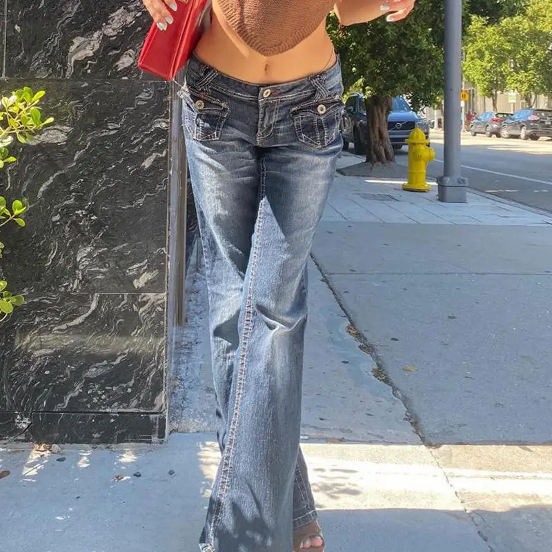 Women's Fashion Bootcut Jeans Low Waist Flared Skinny Colored Washed Denim Pants Breathable and Loose Fit