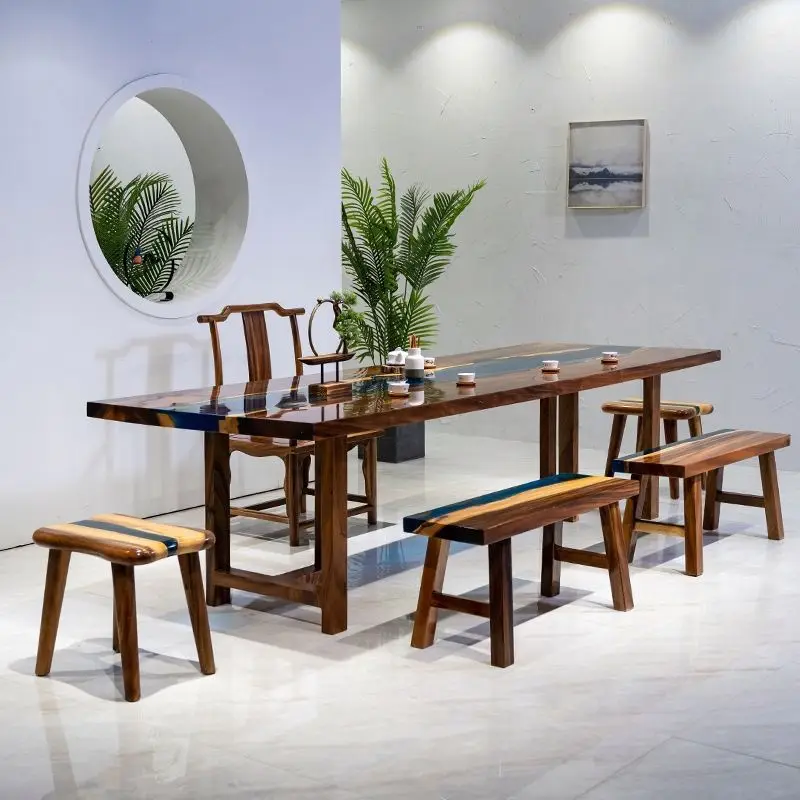 Wooden and Bench Chair Set Resin 6 Seater Epoxy Sea Design Dining Table
