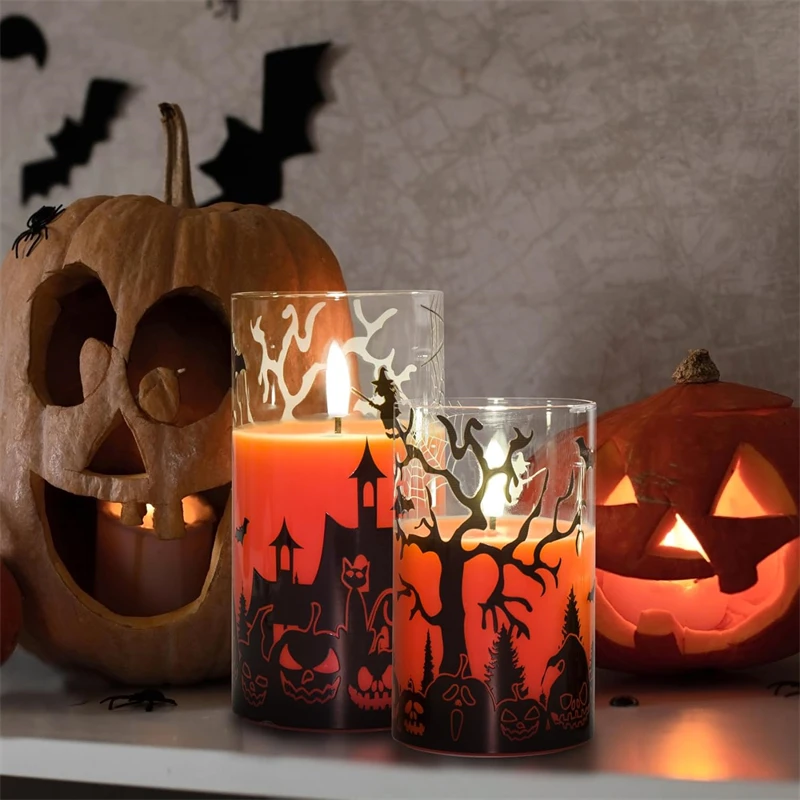 Spooky LED Halloween candle with gothic Halloween print design, perfect for creating a chilling atmosphere