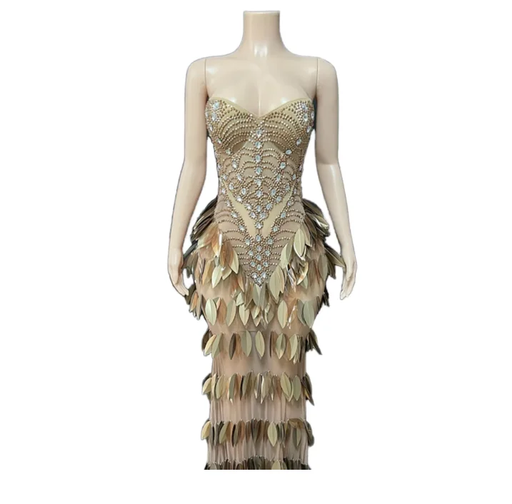 S0887Y 2026 Luxury Gold Dress Concert Stage Performance Outfit Red Carpet  Birthday Party Rhinestone Leaf Party Long Dress