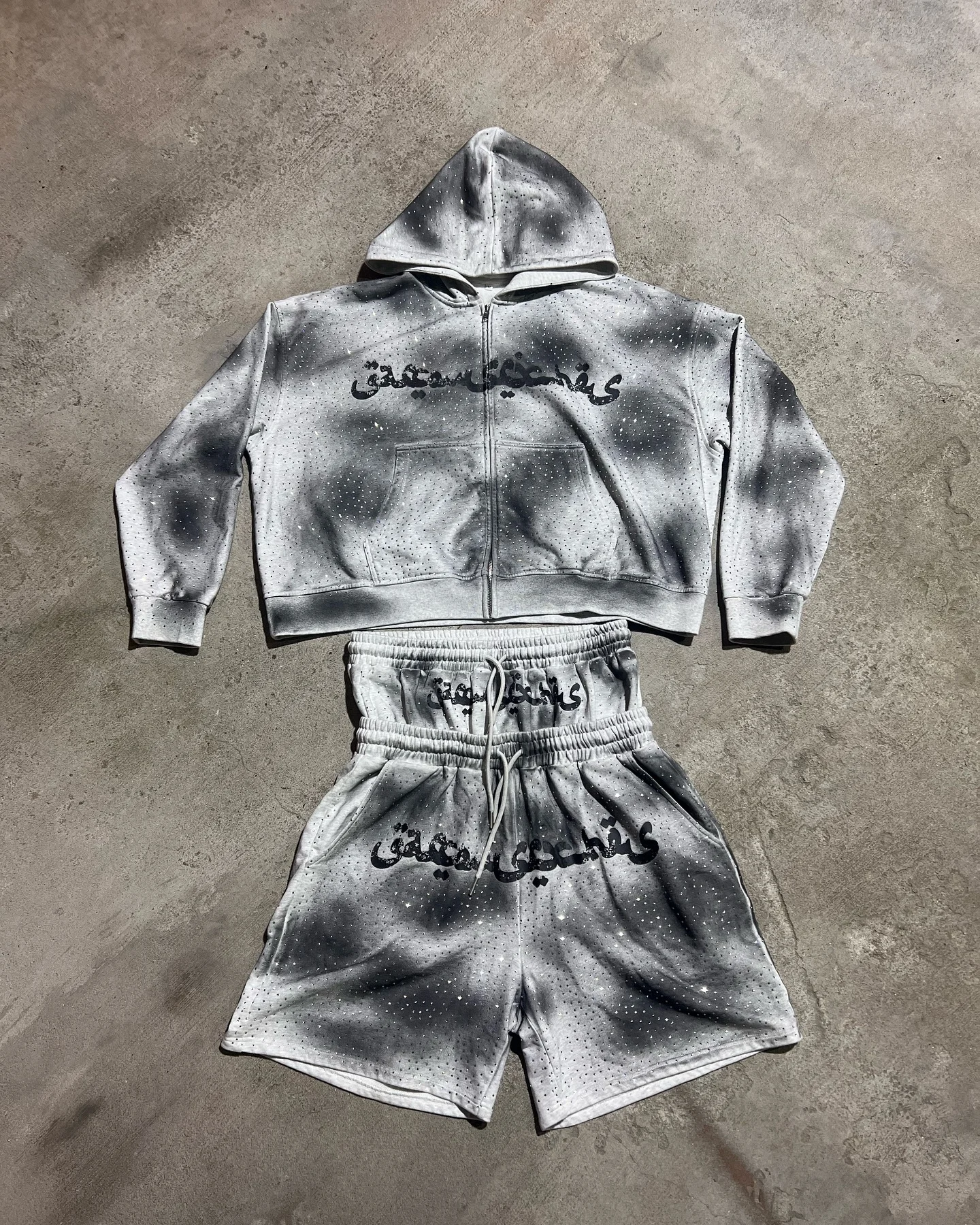 Custom Cotton Full Rhinestone Zip up Hoodie and Shorts Set Sun Faded Double Waisted Baggy Acid Wash Sweat Shorts Set for Men