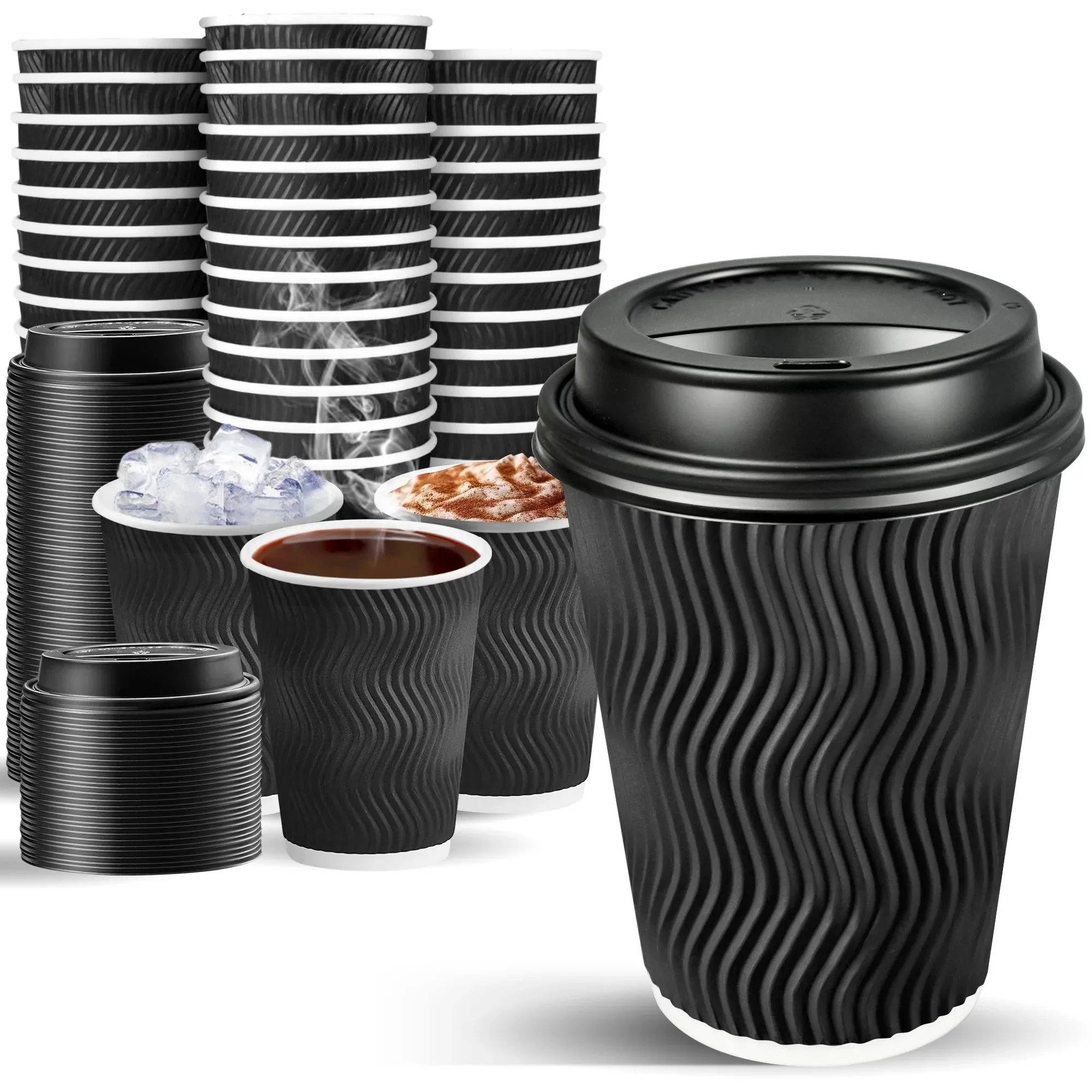 Different Capacity Custom Logo Printed Ripple Wall Disposable Paper Coffee Cup with Lids Healthy Recyclable Option for Beverages