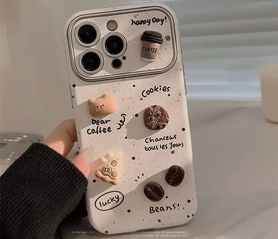 Splash-ink 3D Coffee Bear Handmade  Phone Cover Electroplated Frame Big Window Cell Phone Case for Iphone 16 15 14 13 12