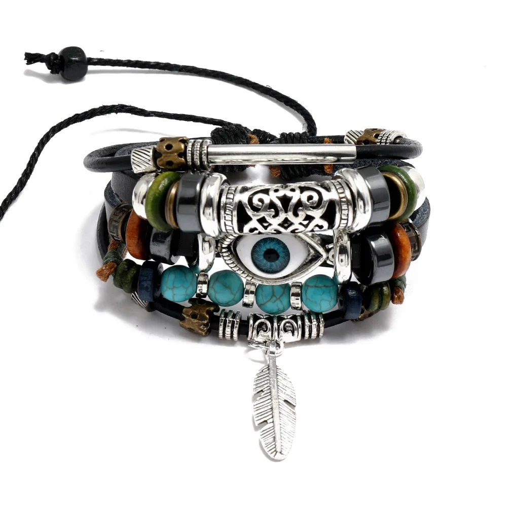 Wooden Beads Turquoise Gemstone Adjustable Leather Bracelets Wholesale Eye Feather Multi Layer Leather Bracelet