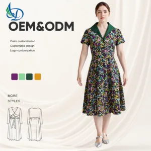 Dark Floral Maxi Dress with Chiffon Fabric, Short Sleeved Pleated Collar, Natural Oversized Casual Summer Dress