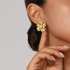 Ilona Vintage Stainless Steel Stud Earrings 18K PVD Gold Plated Large Big Flower Texture Trendy Fashion Jewelry for Women