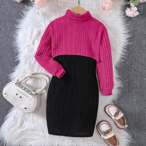 2026 Spring Autumn Kids Outfits Solid Color Long Sleeve Knit Turtleneck Top Sleeveless Dress 2Pcs Clothes Teenage Girls Clothing