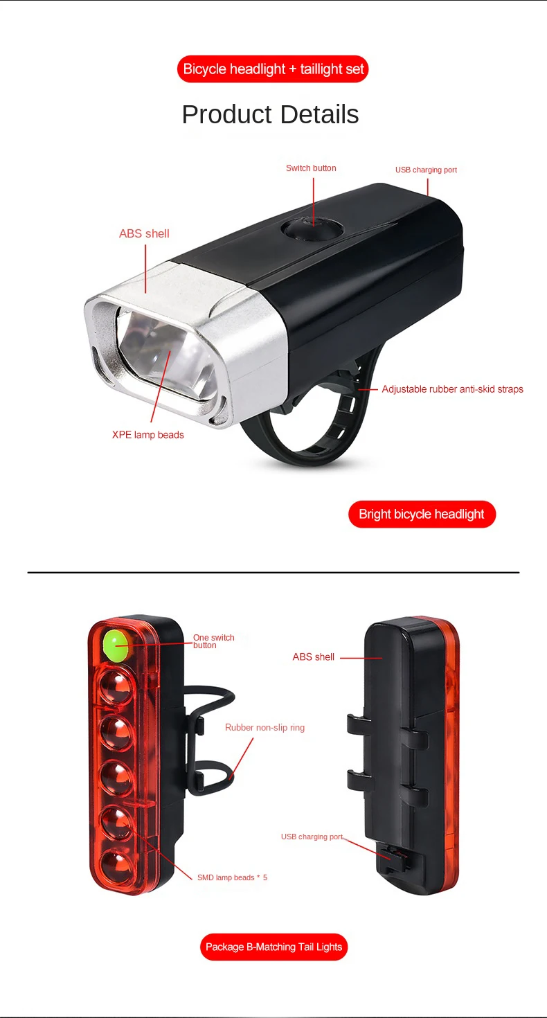 Hot Sales Mtb Road Bike Light Front Rear Led Headlight USB Rechargeable Waterproof Bicycle Light Set