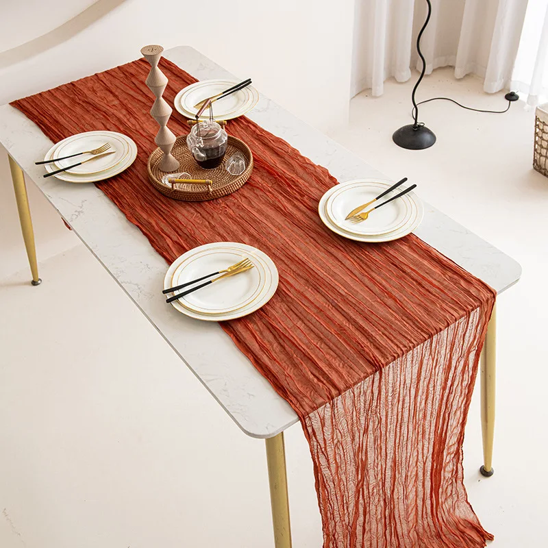 Rustic Gauze Table Runner Boho Chic Sheer Crinkle Cheesecloth Fabric Woven Table Cloth for Holiday Party Decor
